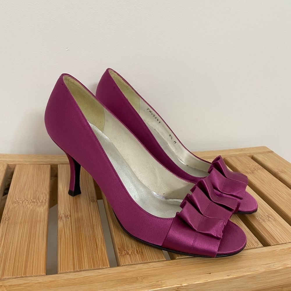 Stuart Weitzman Magenta Satin Peep-Toe Ruffle Heels